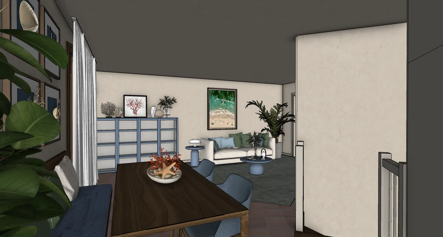 Casa L, zona giorno, vista sketchup